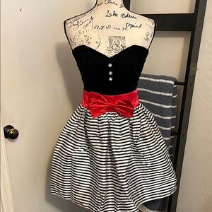 Vintage Gunne Sax Strapless Black White Striped Dress Red Bow Dress Brand New